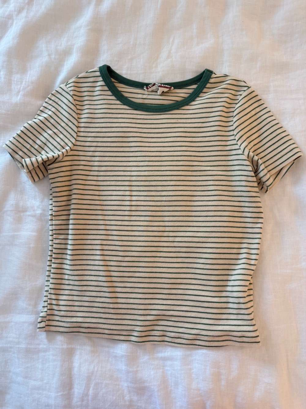 Blank NYC Cream Tee with Dark Green Stripes and Rib Neck